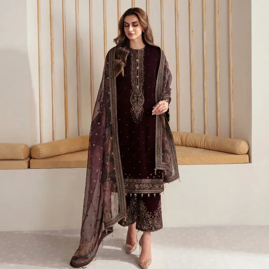 VL961 Winter Unstitched 3PCs Velvet Embroidered Dress With Embroidered Organza Dupatta