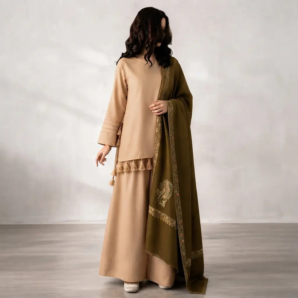 VL1603  Premium Beige & Olive Green 3-Piece Unstitched Suit With Printed Shawl