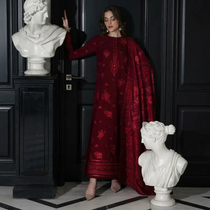Zaib - 3PC Dhanak Embroidered Shirt With Wool Printed Dupatta and Trouser - VL1609