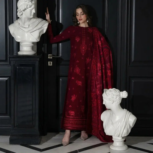 Zaib - 3PC Dhanak Embroidered Shirt With Wool Printed Dupatta and Trouser - VL1609