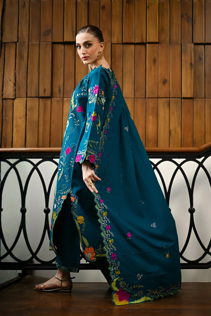 Nisa - 3PC DHANAK EMBROIDERED SHIRT WITH DHANAK EMBROIDERED SHAWL - VL1244