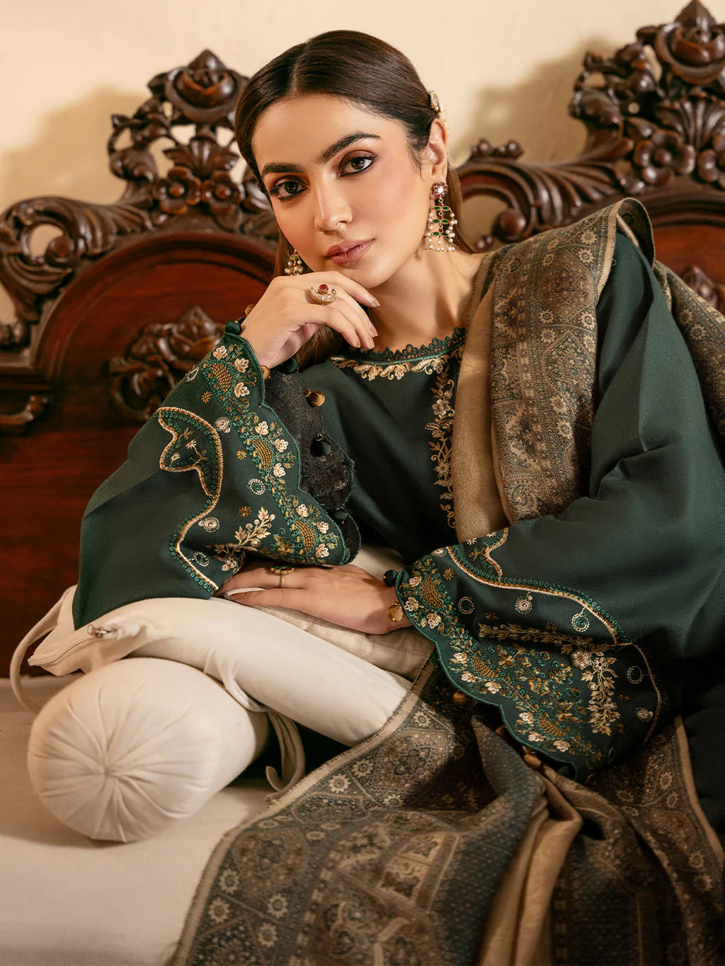 IZEL-3PC DHANAK EMBROIDERED SHIRT WITH COURTRAI WOOL PRINT SHAWL - VL1253