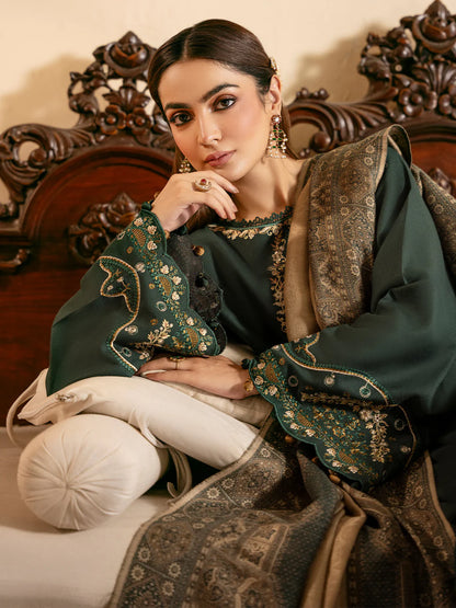 IZEL-3PC DHANAK EMBROIDERED SHIRT WITH COURTRAI WOOL PRINT SHAWL - VL1253