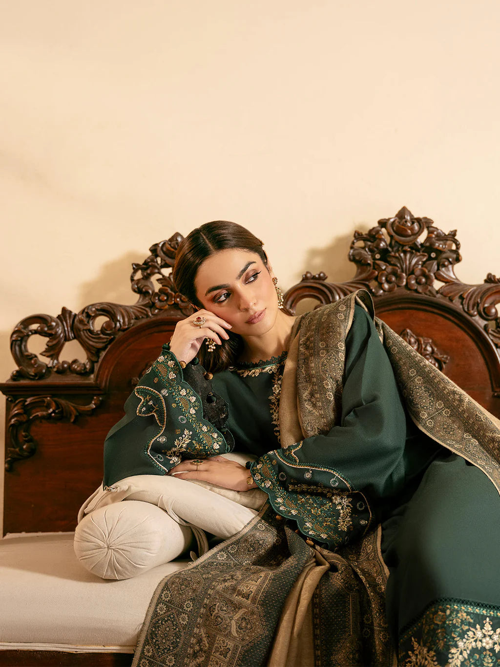IZEL-3PC DHANAK EMBROIDERED SHIRT WITH COURTRAI WOOL PRINT SHAWL - VL1253