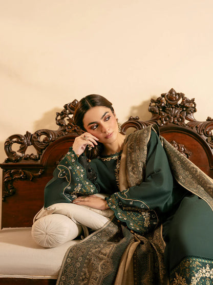 IZEL-3PC DHANAK EMBROIDERED SHIRT WITH COURTRAI WOOL PRINT SHAWL - VL1253