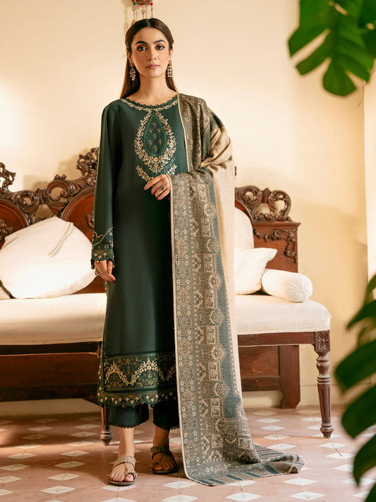 IZEL-3PC DHANAK EMBROIDERED SHIRT WITH COURTRAI WOOL PRINT SHAWL - VL1253