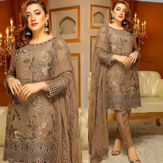 vl825 3PC Linen Heavy Embroidered Shirt & Chiffon Dupatta