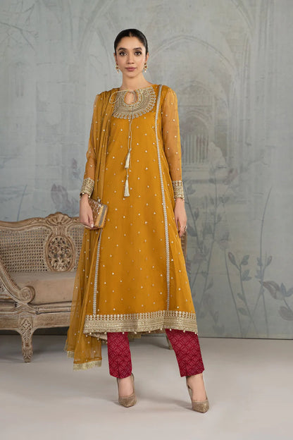 VL652 Maria B, Unstitched 3 piece Embroidered chiffon suit.