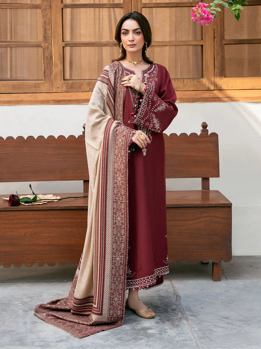 IZEL-3PC DHANAK EMBROIDERED SHIRT WITH COURTRAI PRINTED SHAWL - VL1273