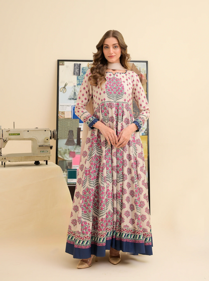FAIZA SAQLAIN lawn Frock 3 PCS UNSTITCHED PRINTED SUIT - VL1476