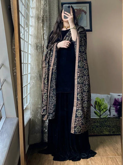 Azure - Winter Velvet Dress With Printed Dhanak Shawl VL 1661