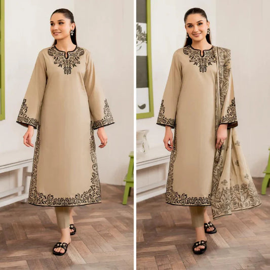 VL832 Winter Unstitched 3PCs Embroidered Dress With Printed Dhanak Shawl