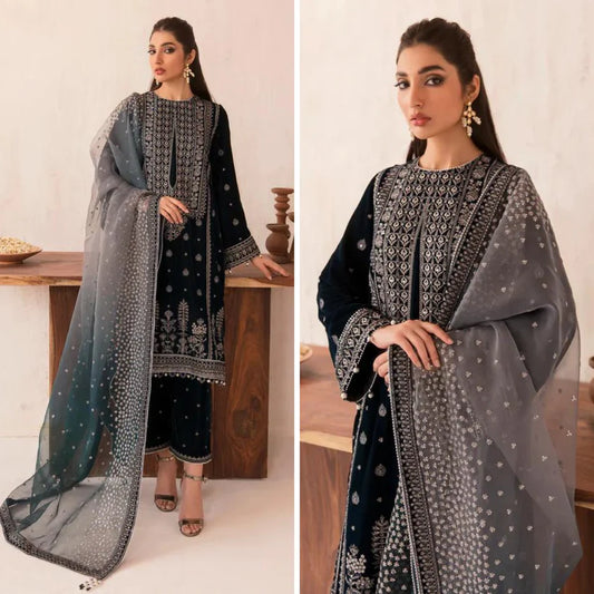 VL962 Winter Unstitched 3PCs Velvet Embroidered Dress With Embroidered Organza Dupatta