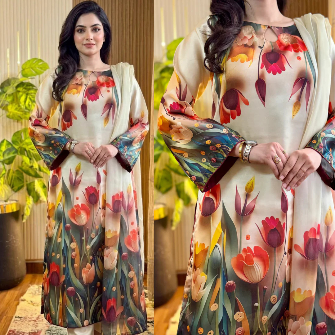 Maria b 3PCS UNSTITCHED SUIT FABRIC Digtal printed Silk - VL1487