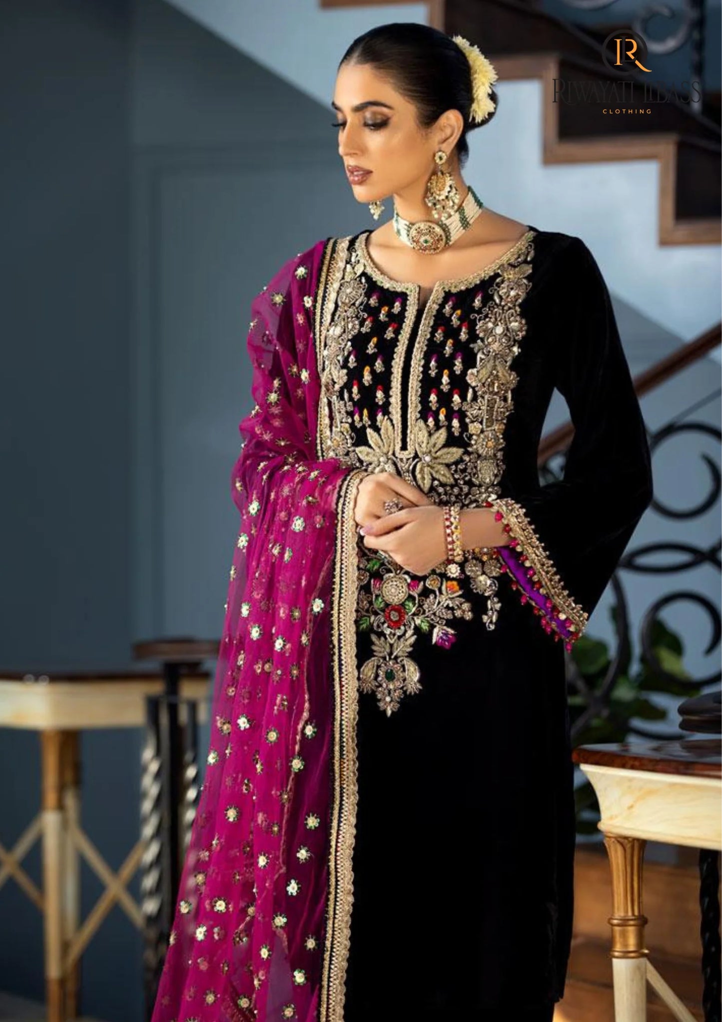 VL964 Winter Unstitched 3PCs Velvet Dress With Embroidered Organza Dupatta