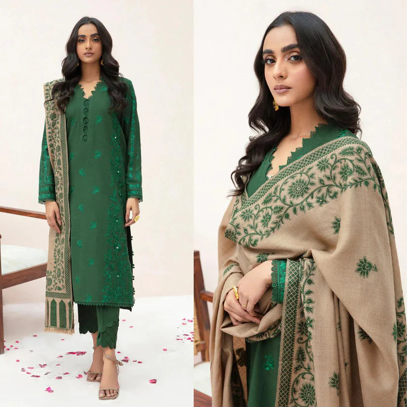 VL823 3PC Winter Dhannak Embroidered suit with Printed Shawll