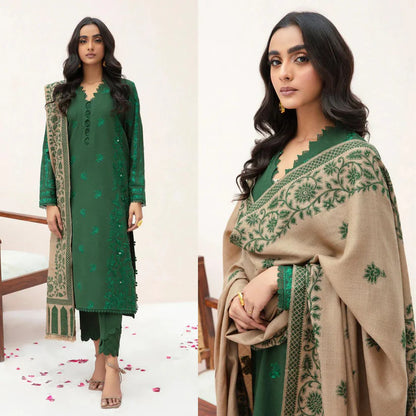 VL823 3PC Winter Dhannak Embroidered suit with Printed Shawll