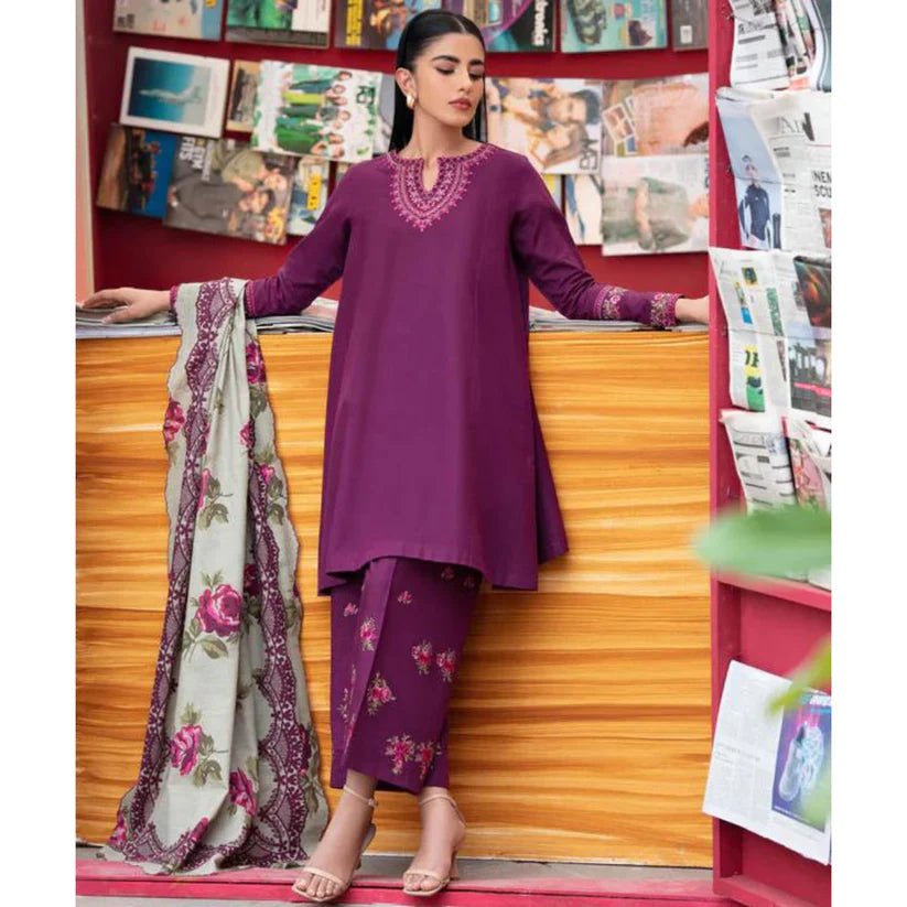 VL684 WINTER 3PC Dhannak Embroidered suit with Printed Shawl