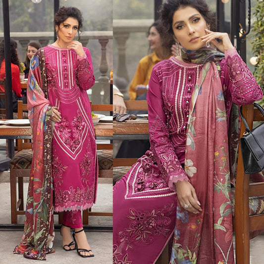 VL748  -SUMMER MUSHQ 3PC EMBROIDERED LAWN SUIT WITH PRINTED SILK DUPATTA