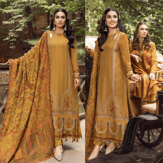 MARIA B 3PC Embroidered Dhanak with Digital Printed Wool Shawl - VL1113