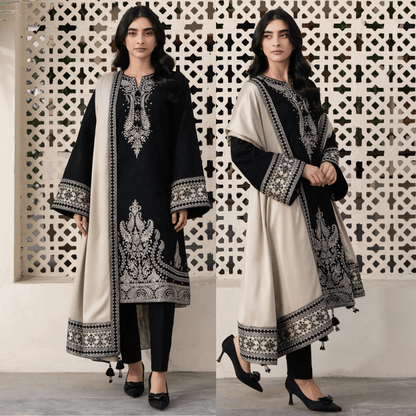 JAZMIN - 3PC DHANAK EMBROIDERED SHIRT WITH DHANAK EMBROIDERED SHAWL AND TROUSER - VL1202