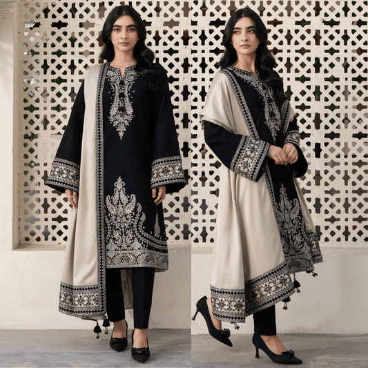 JAZMIN - 3PC DHANAK EMBROIDERED SHIRT WITH DHANAK EMBROIDERED SHAWL AND TROUSER - VL1202