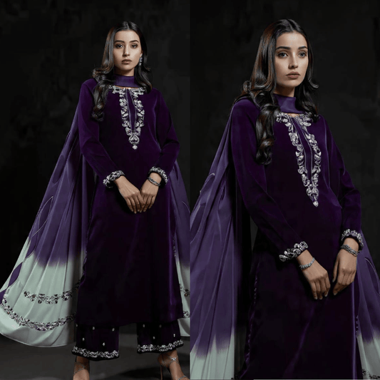 Veezal Embroidered Velvet Dress with Embroidered Karandi Shawl - VL994