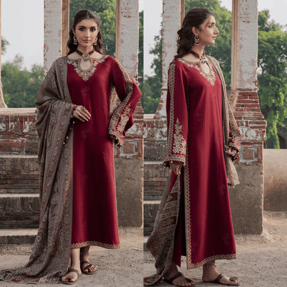 IZEL- DHANAK EMBROIDERED SHIRT WITH WOOL PRINTED SHAWL - VL1231