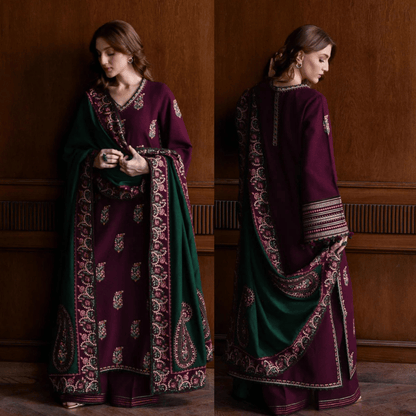 JAZMIN - 3PC DHANAK EMBROIDERED SHIRT WITH DHANAK EMBROIDERED SHAWL AND TROUSER - VL1240