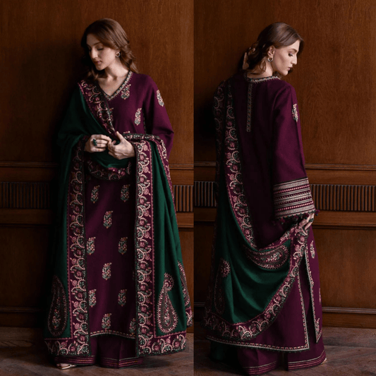 JAZMIN - 3PC DHANAK EMBROIDERED SHIRT WITH DHANAK EMBROIDERED SHAWL AND TROUSER - VL1240