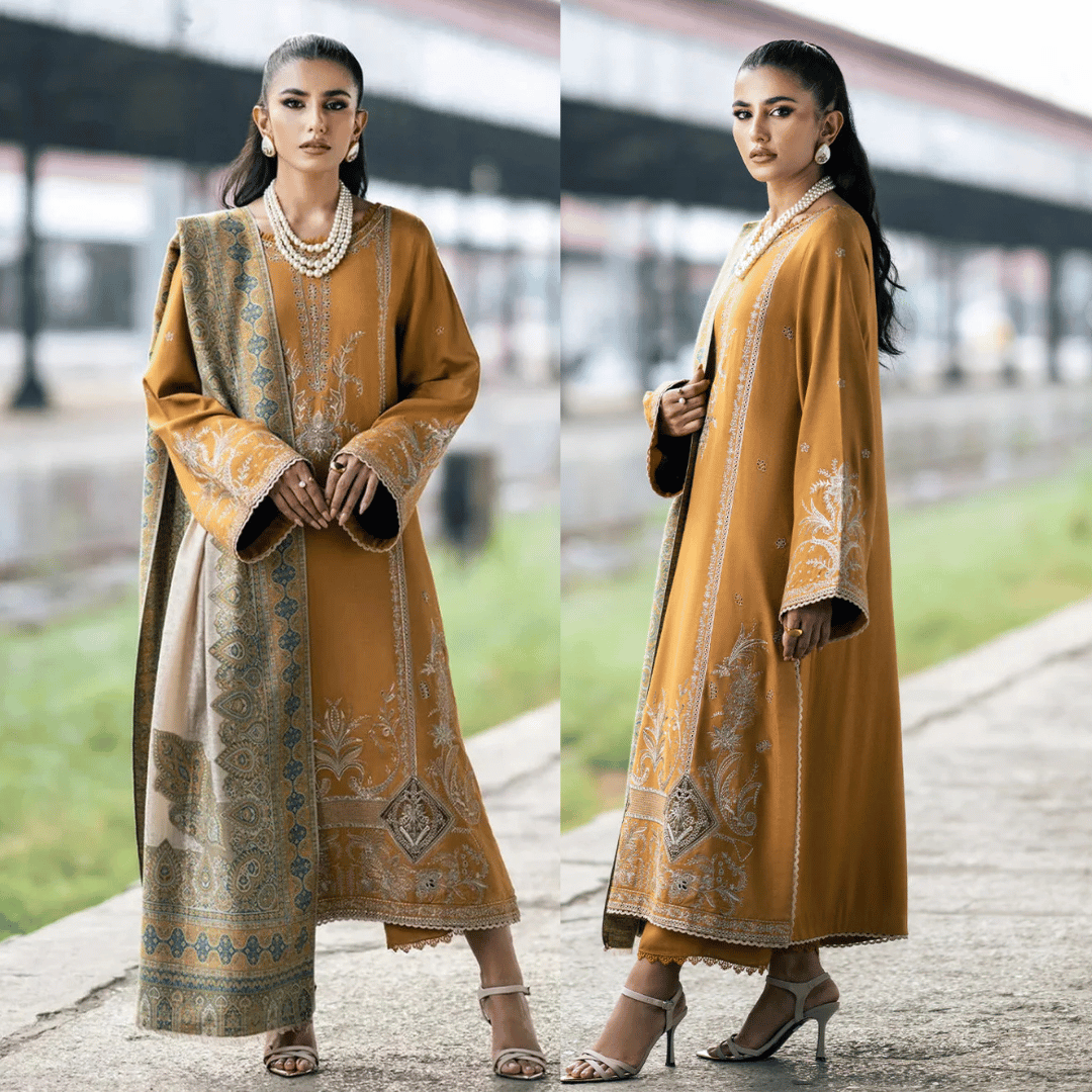 IZEL- DHANAK EMBROIDERED SHIRT WITH COUTRAI PRINTED SHAWL - VL1241