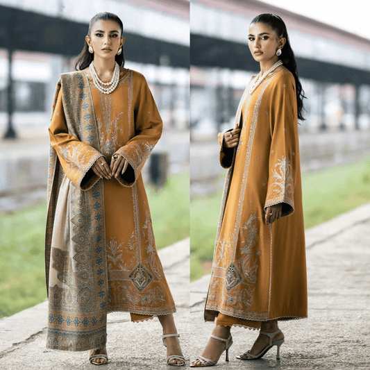 IZEL- DHANAK EMBROIDERED SHIRT WITH COUTRAI PRINTED SHAWL - VL1241