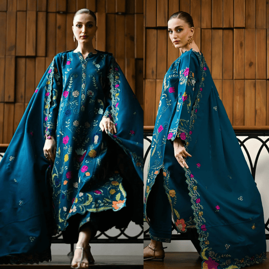 Nisa - 3PC DHANAK EMBROIDERED SHIRT WITH DHANAK EMBROIDERED SHAWL - VL1244