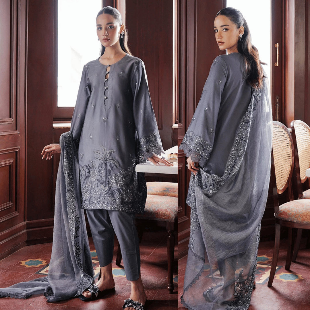 CrosS Stitch- 3PC DHANAK EMBROIDERED SHIRT WITH DHANAK EMBROIDERED SHAWL - VL1245