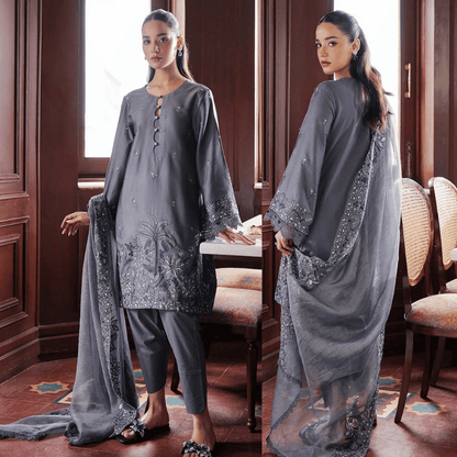 CrosS Stitch- 3PC DHANAK EMBROIDERED SHIRT WITH DHANAK EMBROIDERED SHAWL - VL1245