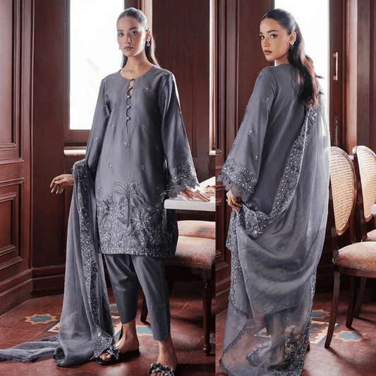 CrosS Stitch- 3PC DHANAK EMBROIDERED SHIRT WITH DHANAK EMBROIDERED SHAWL - VL1245