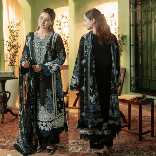 JADE-3PC DHANAK EMBROIDERED SHIRT WITH COUTRAI PRINTED SHAWL - VL1250