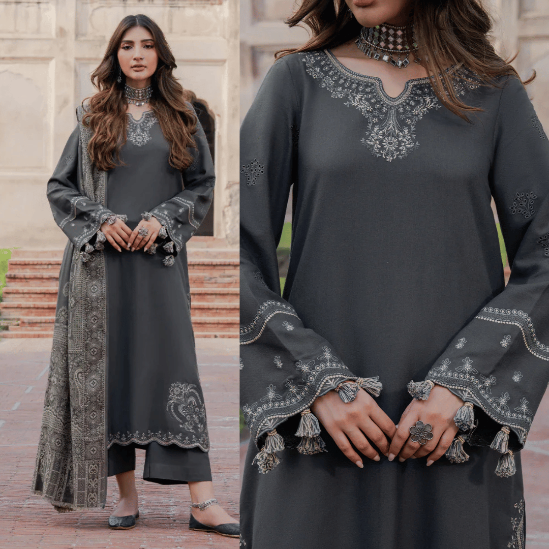 izel - Winter 3PC Dhanak Embroidered Suit - VL1252