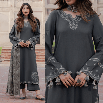izel - Winter 3PC Dhanak Embroidered Suit - VL1252