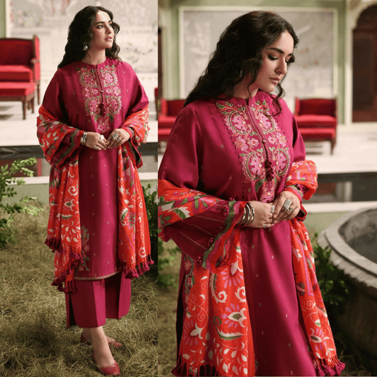 Sapphire - -3PC DHANAK EMBROIDERED SHIRT WITH COURTRAI WOOL PRINT SHAWL - VL1265