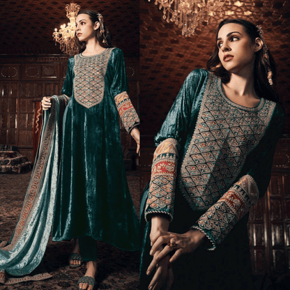 Aiqa Frock style - Winter 3PC Velvet Embroidered Suit - VL942