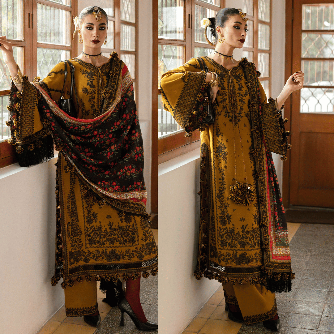 Hussain Rehar -3PC DHANAK EMBROIDERED SHIRT WITH COURTRAI WOOL PRINT SHAWL - Vl1274