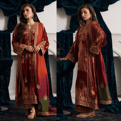 Veezal Embroidered Velvet Dress with Embroidered Karandi Shawl - VL941