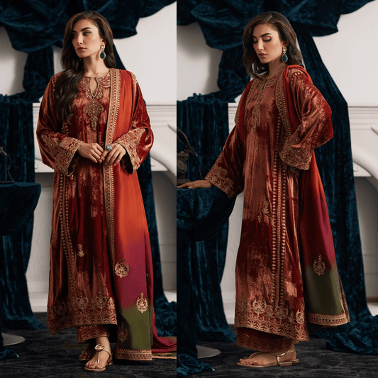Veezal Embroidered Velvet Dress with Embroidered Karandi Shawl - VL941