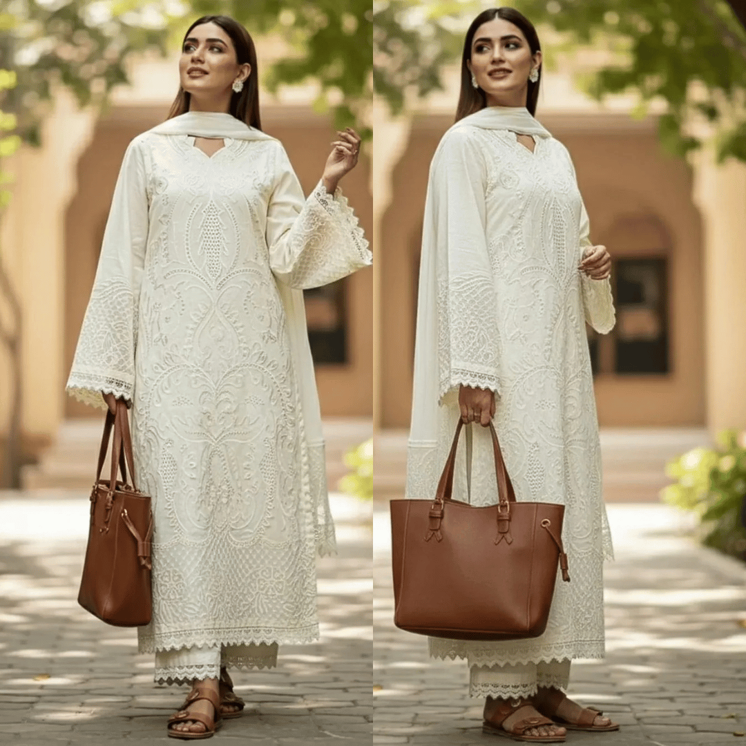 Veezal - 3PC Lawn Chiken Kari Embroidered Shirt with Chiffon Embroidered Dupatta VL1286