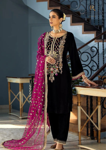 VL964 Winter Unstitched 3PCs Velvet Dress With Embroidered Organza Dupatta