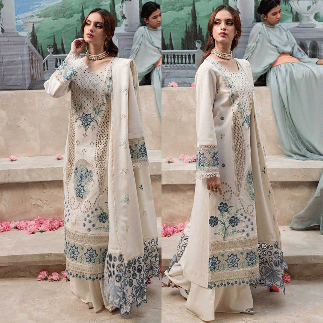 MAHNUR - 3PC LAWN HEAVY CHIKENKARI EMBROIDERED SUIT - VL1027