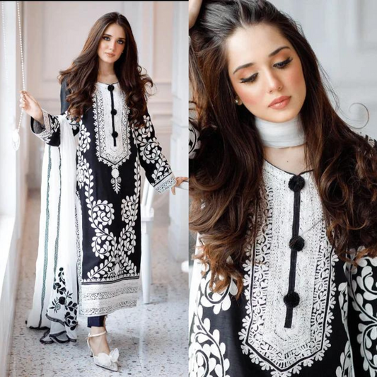 VL479 3PC Lawn Embroidered Shirt With Embroidered Chiffon Dupatta