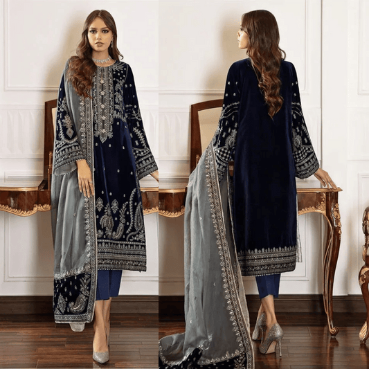 Baroque- Winter 3PC Velvet Embroidered Suit - VL971