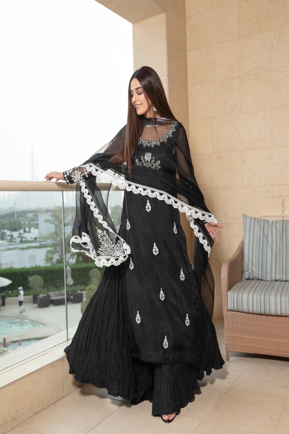 VL729 Azure -Embroidered 3pc Lawn dress with embroidered chiffon dupatta
